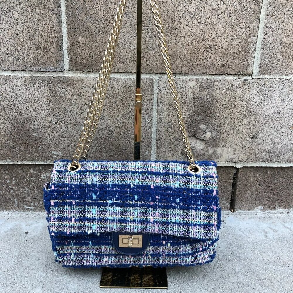 KQUEENSTAR Textile Fabric Purse Womens Shoulder Hand Blue Bag Gold Chain Small‌